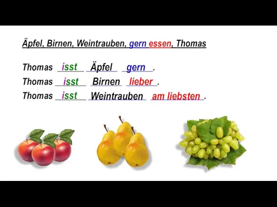 Äpfel, Birnen, Weintrauben, gern essen, Thomas Thomas ______ _______ _______.
