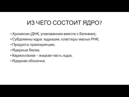 ИЗ ЧЕГО СОСТОИТ ЯДРО? Хроматин (ДНК, упакованная вместе с белками);