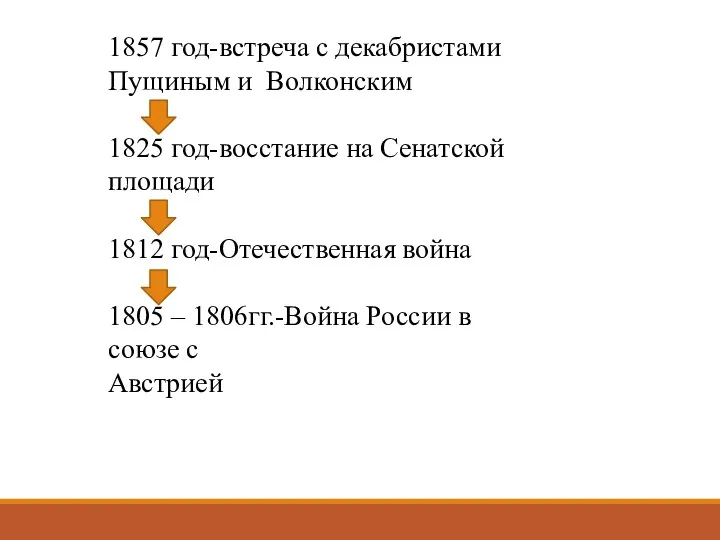 1857 год-встреча с декабристами Пущиным и Волконским 1825 год-восстание на