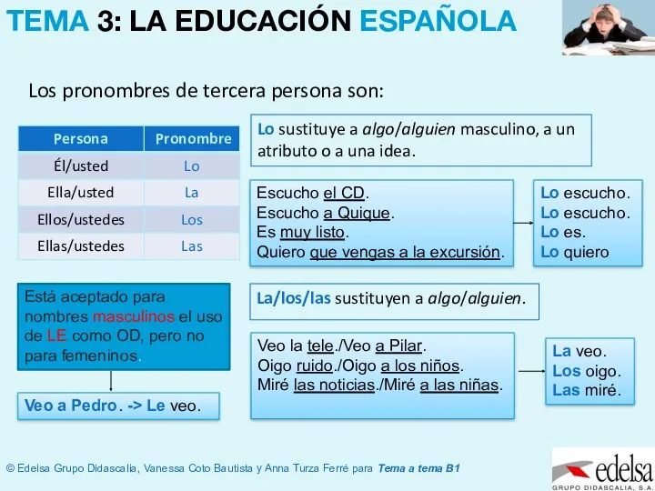 Los pronombres de tercera persona son: Veo la tele./Veo a