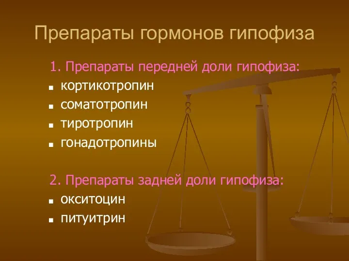 Препараты гормонов гипофиза 1. Препараты передней доли гипофиза: кортикотропин соматотропин