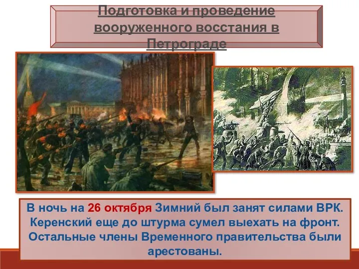 В ночь на 26 октября Зимний был занят силами ВРК.