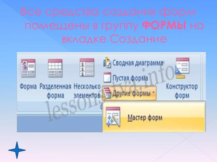 Все средства создания форм помещены в группу ФОРМЫ на вкладке Создание