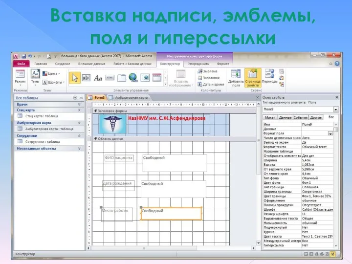 Вставка надписи, эмблемы, поля и гиперссылки