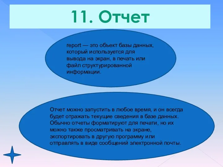 11. Отчет report — это объект базы данных, который используется