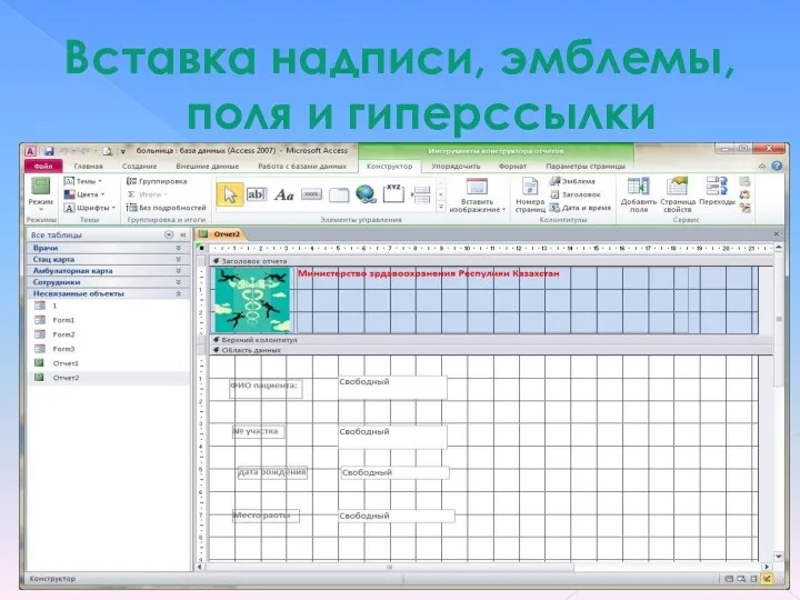 Вставка надписи, эмблемы, поля и гиперссылки