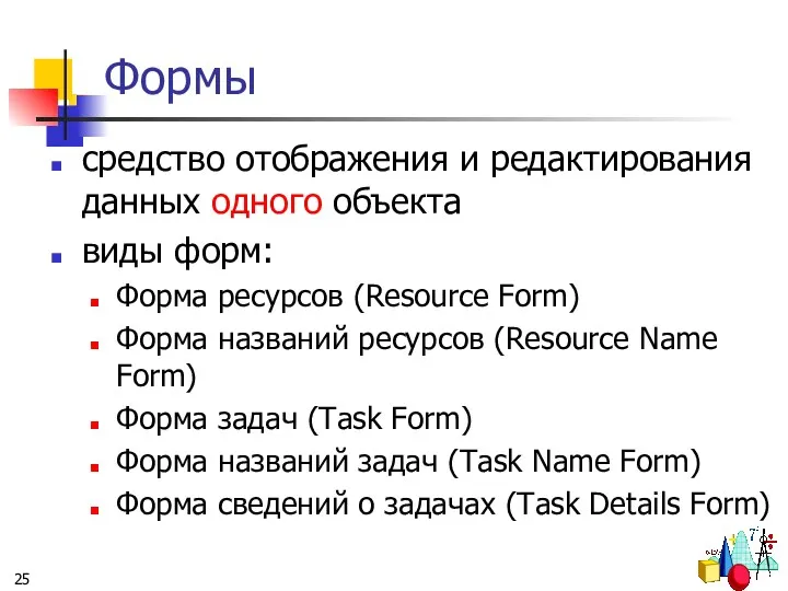 Формы средство отображения и редактирования данных одного объекта виды форм: Форма ресурсов (Resource