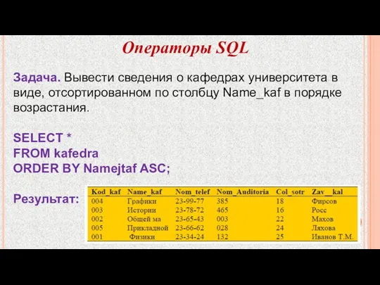 Операторы SQL Задача. Вывести сведения о кафедрах университета в виде,