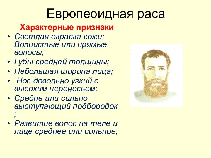 Европеоидная раса Характерные признаки Светлая окраска кожи; Волнистые или прямые волосы; Губы средней