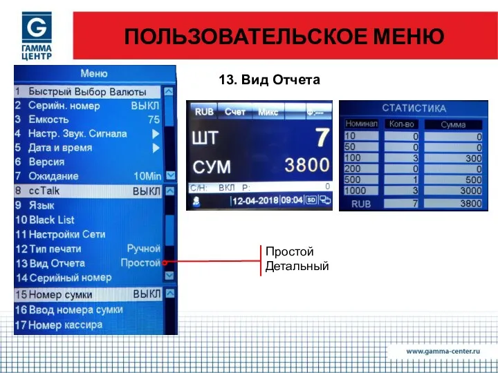 ПОЛЬЗОВАТЕЛЬСКОЕ МЕНЮ 13. Вид Отчета Простой Детальный