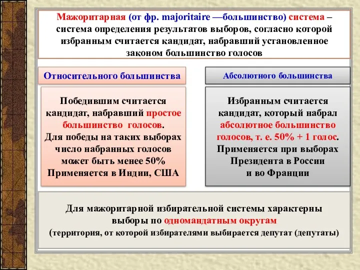 Мажоритарная (от фр. majoritaire —большинство) система – система определения результатов