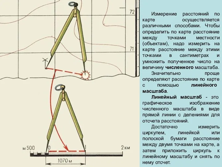 Измерение расстояний по карте осуществляется различными способами. Чтобы определить по