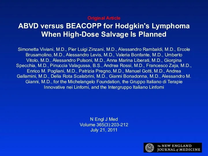Original Article ABVD versus BEACOPP for Hodgkin's Lymphoma When High-Dose Salvage Is Planned