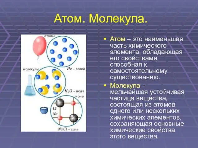 Атом. Молекула. Атом – это наименьшая часть химического элемента, обладающая