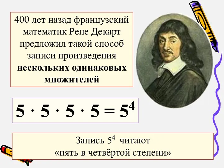 400 лет назад французский математик Рене Декарт предложил такой способ записи произведения нескольких