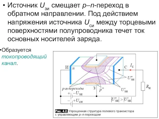 Источник Uзи смещает р–n-переход в обратном направлении. Под действием напряжения