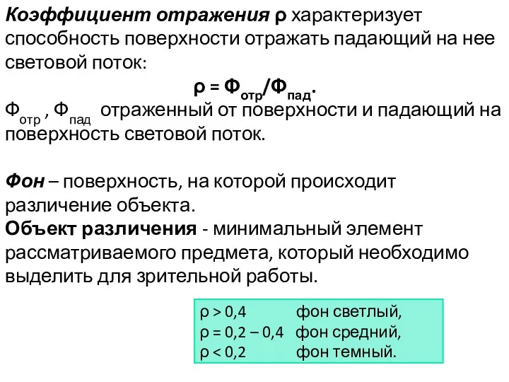 Коэффициент отражения ρ характеризует способность поверхности отражать падающий на нее