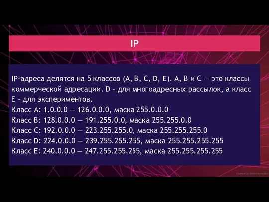 created by Dimon Domofon IP IP-адреса делятся на 5 классов (A, B, C,
