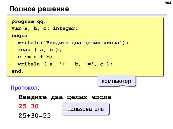 Полное решение program qq; var a, b, c: integer; begin