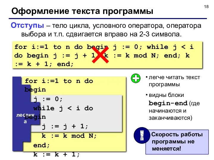 Оформление текста программы Отступы – тело цикла, условного оператора, оператора