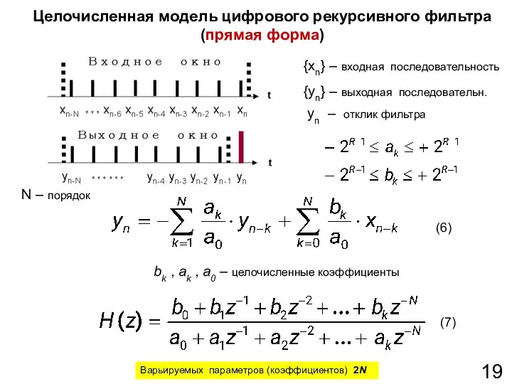 Целочисленная модель цифрового рекурсивного фильтра (прямая форма) (6) (7) yn