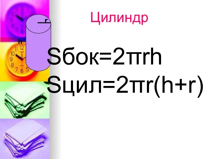 Цилиндр Sбок=2πrh Sцил=2πr(h+r) h r