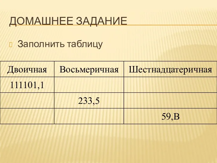 ДОМАШНЕЕ ЗАДАНИЕ Заполнить таблицу