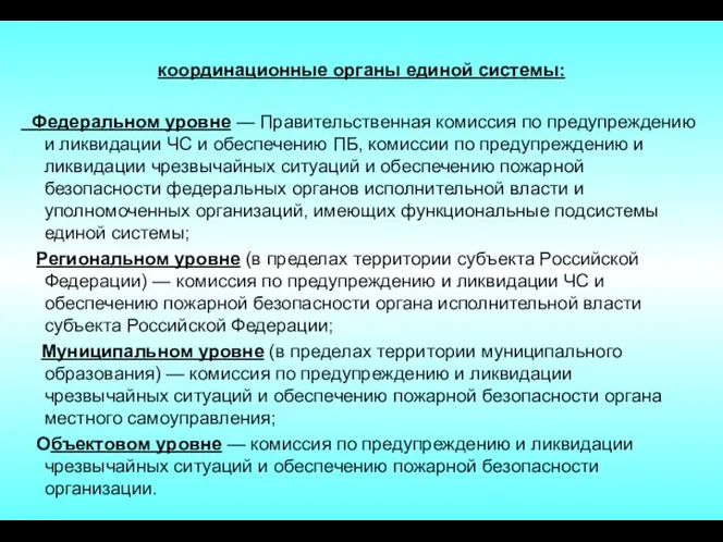 координационные органы единой системы: Федеральном уровне — Правительственная комиссия по