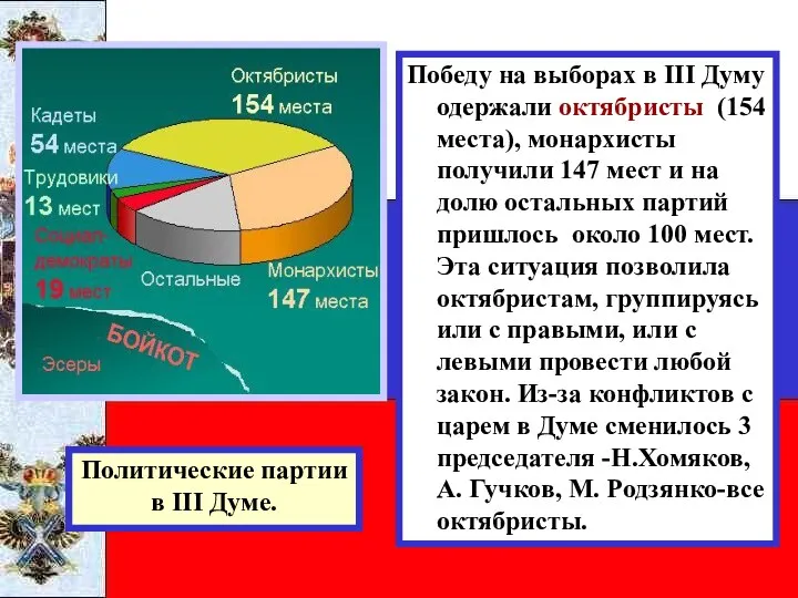 Победу на выборах в III Думу одержали октябристы (154 места),