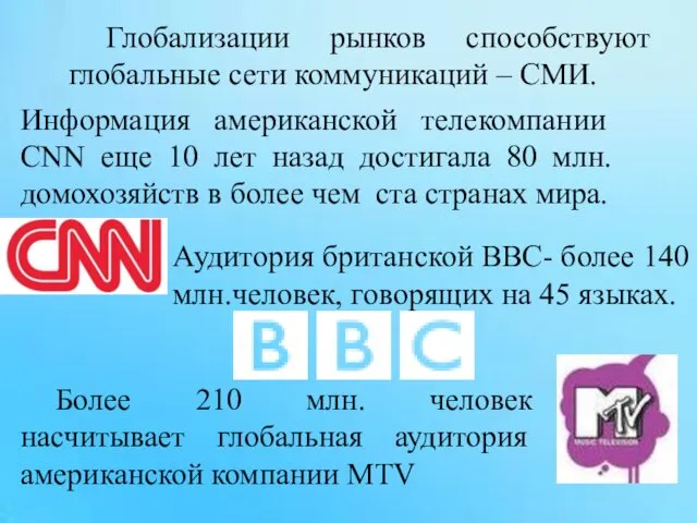 Глобализации рынков способствуют глобальные сети коммуникаций – СМИ. Более 210