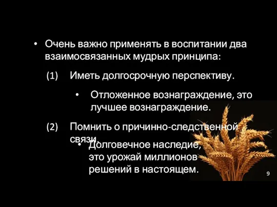 Очень важно применять в воспитании два взаимосвязанных мудрых принципа: Иметь долгосрочную перспективу. Отложенное