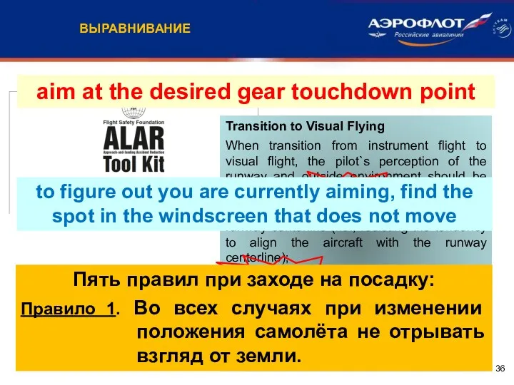 ВЫРАВНИВАНИЕ Transition to Visual Flying When transition from instrument flight