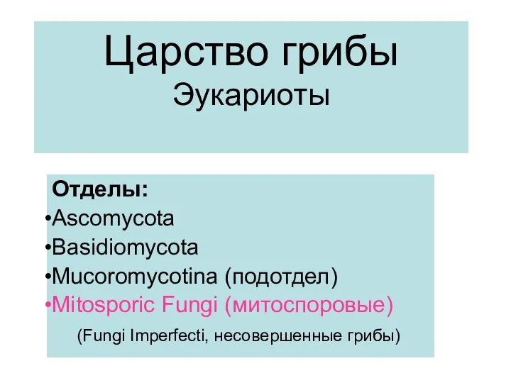 Царство грибы Эукариоты Отделы: Ascomycota Basidiomycota Mucoromycotina (подотдел) Mitosporic Fungi (митоспоровые) (Fungi Imperfecti, несовершенные грибы)