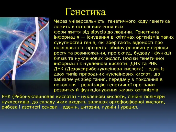 Генетика Через універсальність генетичного коду генетика лежить в основі вивчення всіх форм життя