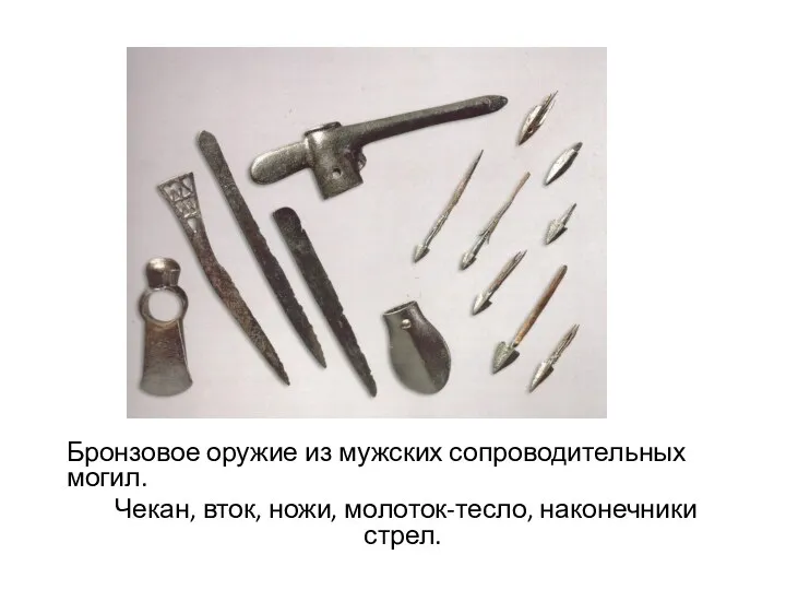 Бронзовое оружие из мужских сопроводительных могил. Чекан, вток, ножи, молоток-тесло, наконечники стрел.