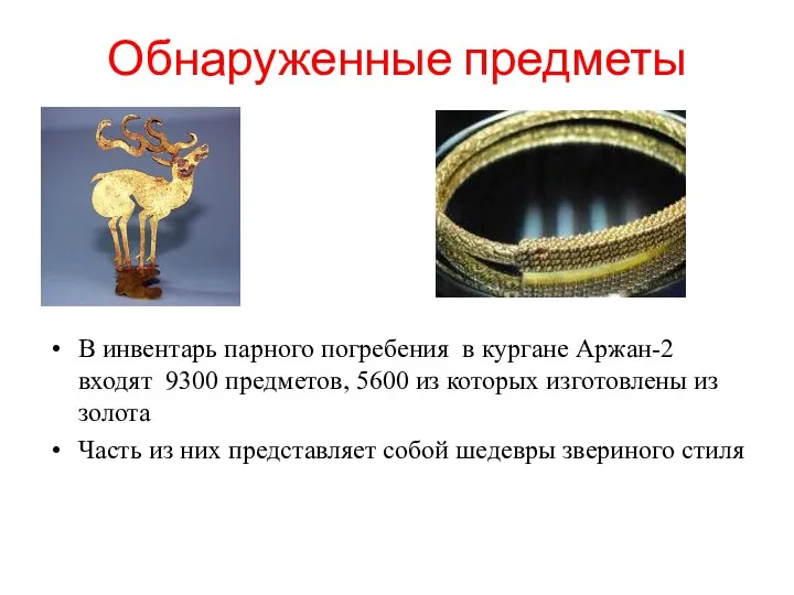 Обнаруженные предметы В инвентарь парного погребения в кургане Аржан-2 входят 9300 предметов, 5600