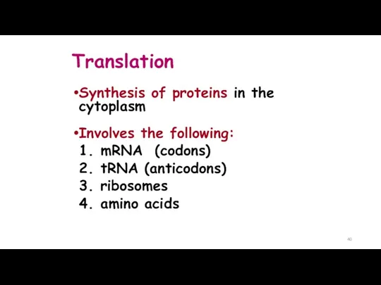 Translation Synthesis of proteins in the cytoplasm Involves the following: