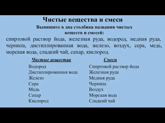 Чистые вещества и смеси Выпишите в два столбика названия чистых