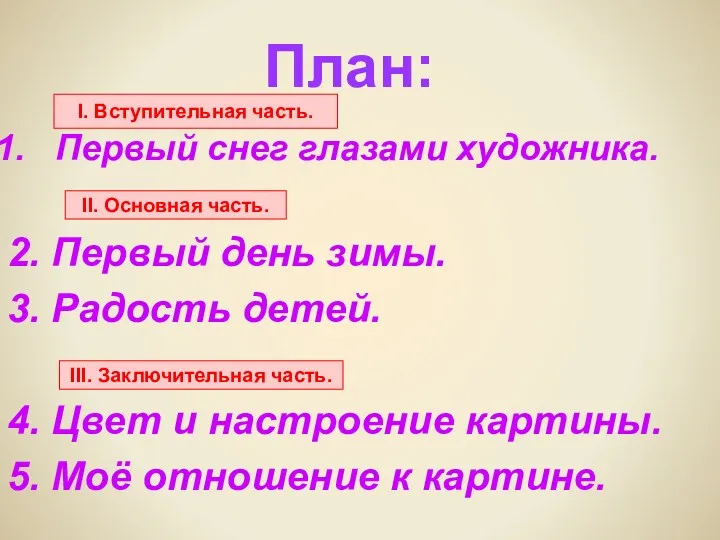 План: Первый снег глазами художника. 2. Первый день зимы. 3.