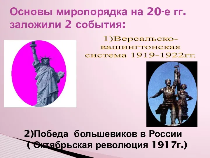 1)Версальско- вашингтонская система 1919-1922гг. Основы миропорядка на 20-е гг. заложили