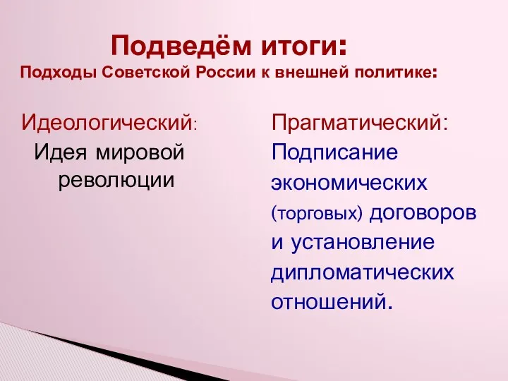 Подведём итоги: Подходы Советской России к внешней политике: Идеологический: Идея