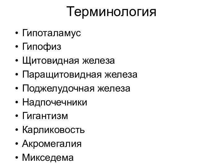 Терминология Гипоталамус Гипофиз Щитовидная железа Паращитовидная железа Поджелудочная железа Надпочечники Гигантизм Карликовость Акромегалия Микседема