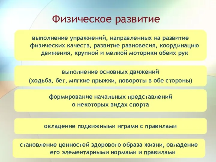 Физическое развитие выполнение упражнений, направленных на развитие физических качеств, развитие равновесия, координацию движения,