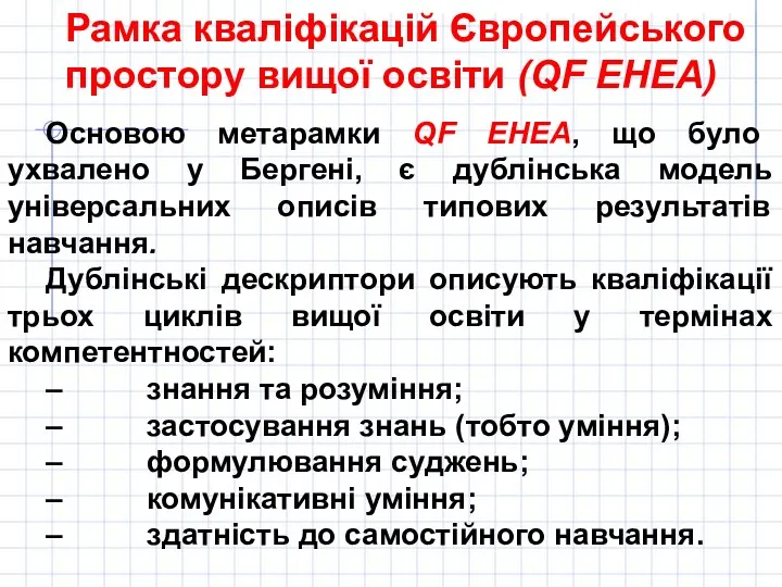 Рамка кваліфікацій Європейського простору вищої освіти (QF EHEA) Основою метарамки QF EHEA, що