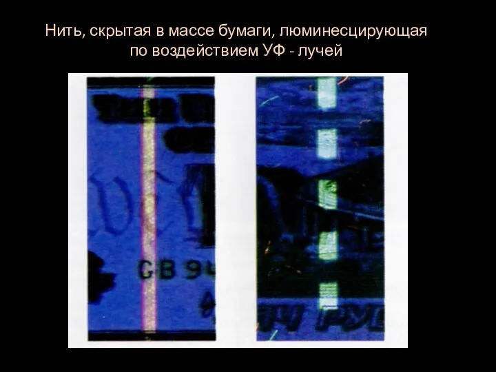 Нить, скрытая в массе бумаги, люминесцирующая по воздействием УФ - лучей