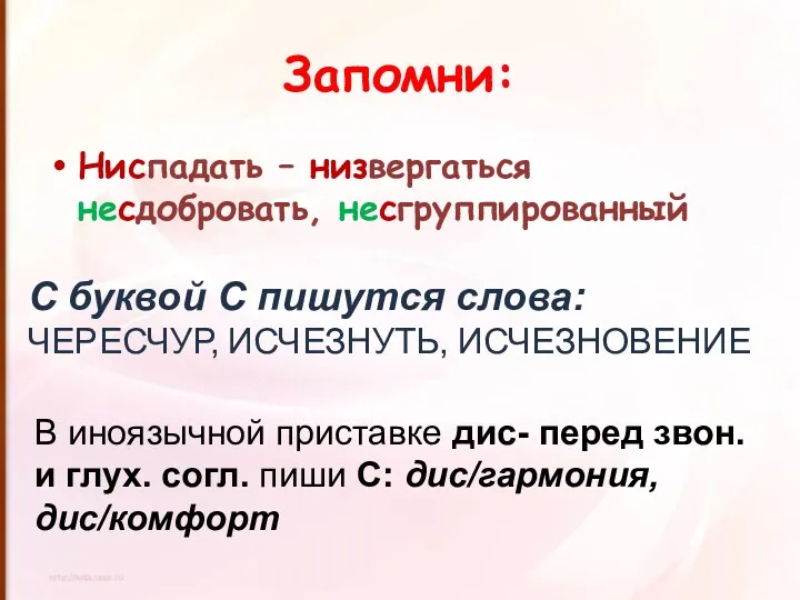 Ниспадать – низвергаться несдобровать, несгруппированный Запомни: С буквой С пишутся