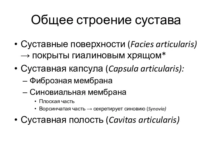 Общее строение сустава Суставные поверхности (Facies articularis)→ покрыты гиалиновым хрящом*