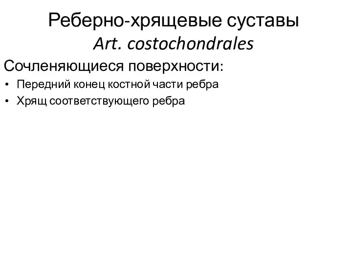 Реберно-хрящевые суставы Art. costochondrales Сочленяющиеся поверхности: Передний конец костной части ребра Хрящ соответствующего ребра