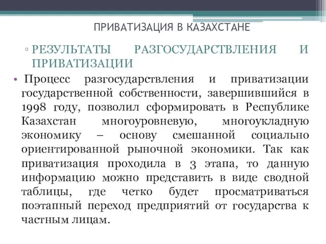 ПРИВАТИЗАЦИЯ В КАЗАХСТАНЕ РЕЗУЛЬТАТЫ РАЗГОСУДАРСТВЛЕНИЯ И ПРИВАТИЗАЦИИ Процесс разгосударствления и