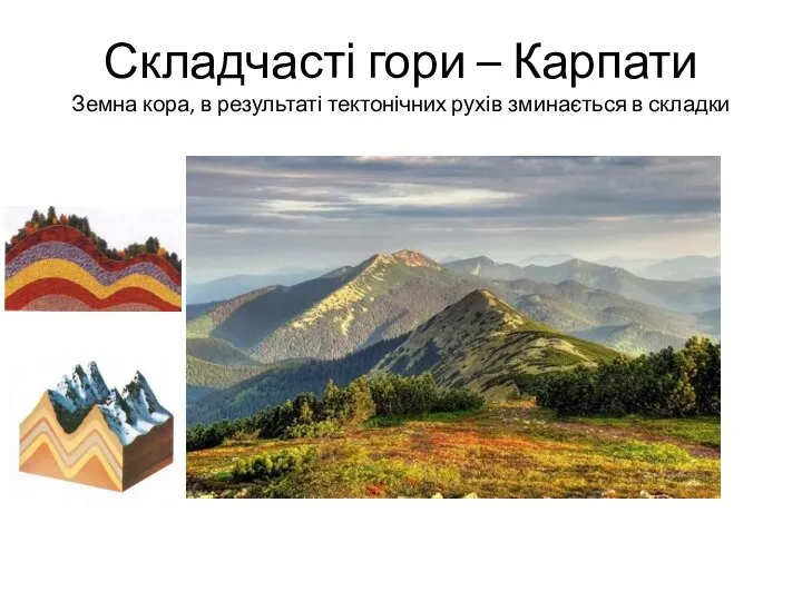 Складчасті гори – Карпати Земна кора, в результаті тектонічних рухів зминається в складки